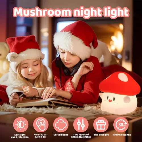 Miniatura 5 de Luz nocturna de hongos, lámpara de silicona blanda para niños, control de grifo, 2 niveles de brillo, batería de 50 horas, temporizador automático