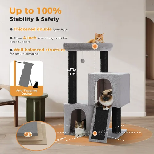Miniatura 2 de MUTTROS Árbol de Servicio Pesado para Gatos de Interior Adultos, Torre para Gatos de 45 Pulgadas con Rampa Rascadora de Sisal, 2 Condominios