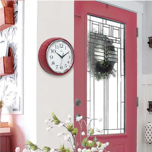 Miniatura 4 de Lily's Home Reloj de pared retro, diseño vintage de 9.5 pulgadas, movimiento de cuarzo silencioso sin tictac, funciona con pilas, perfecto para Rojo