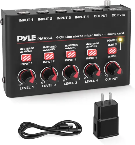 Pyle Mezclador de línea inalámbrico Bluetooth 5.0 de 4 canales - Interfaz de audio USB - 4 entradas mono/estéreo - Ruido ultrabajo - Alto margen