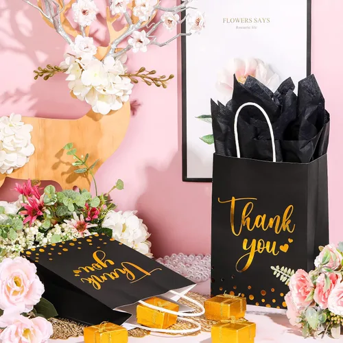 Miniatura 2 de Tinlade 12 bolsas de regalo de agradecimiento con papel de seda de lunares dorados, bolsas de agradecimiento con asa, recuerdos de fiesta para Negro