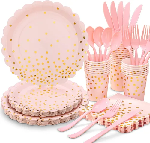 Miniatura 11 de 175 piezas de decoración de fiesta verde y dorada - Suministros de fiesta con platos y servilletas verdes - Platos de papel festoneados