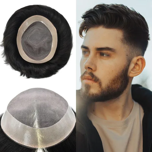 Miniatura 49 de Tupé para hombre, pieza de cabello humano real, monofilamento, tupé para hombres, postizos, unidades de sistema de reemplazo de cabello, gris