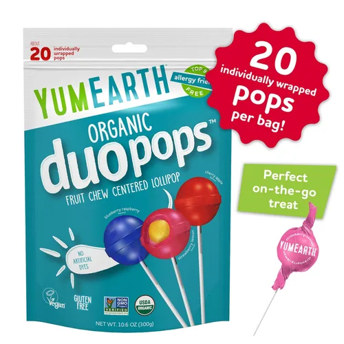 Miniatura 3 de YumEarth Paletas Orgánicas Duo Pops, Paletas con Centros Masticables de Fruta - Apto para Alergias (Libre de los 9 Principales), Sin Colorantes