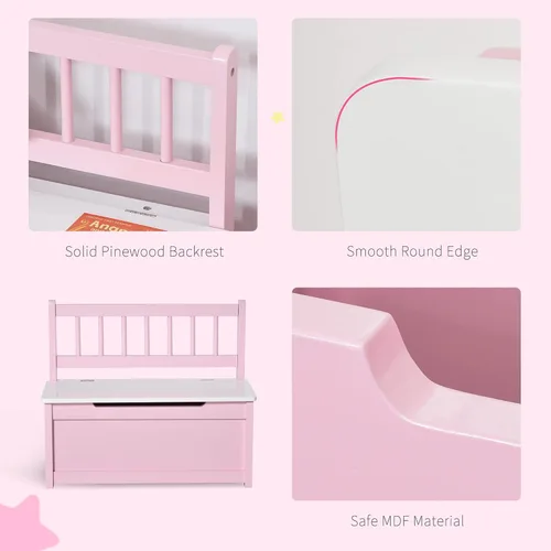 Miniatura 7 de Qaba Caja de juguetes, banco de almacenamiento para niños con interior grande de 27 L, organizador de juguetes con tapa superior y respaldo, muebles