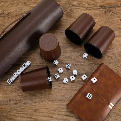 Miniatura 4 de Party Games - Juego de tazas de dados de cuero, 5 tazas de dados negros + 25 dados + funda exclusiva de almacenamiento y transporte hecha