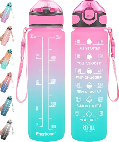 Miniatura 23 de Enerbone Botella de agua potable de 32 oz con tiempos para beber y popote, motivacional con correa para llevar, a prueba de fugas, sin BPA ni