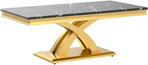 Miniatura 4 de AUZ Mesa auxiliar negra y dorada de 48 pulgadas, mesa central rectangular de lujo con base de metal pulido en forma de X para sala de estar, oficina