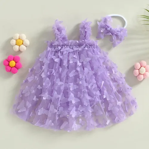 Miniatura 2 de Vestido de princesa para bebé niña 3D de malla de mariposa morada, sin mangas, de tul + diadema