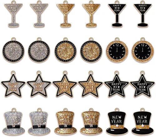 NVENF 24 dijes de feliz año nuevo para hacer joyas, dijes de año 2023 esmaltados con purpurina y estrella, para pulsera, collar, aretes,