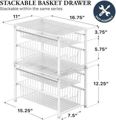 Miniatura 2 de Simple Houseware Cajón organizador apilable de cesta deslizante, blanco, 2 niveles