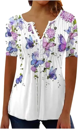 SMIDOW Womens Tunic Tops Trendy Vintage Boho Shirts Short Sleeve Notch v Neck t-Shirt 2023 Casual Summer Blouse Empire Waist