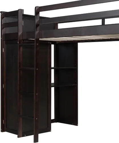 Miniatura 9 de Litera individual sobre individual con escritorio, armario y estantes, marco de cama tipo loft de madera maciza con una cama independiente, literas