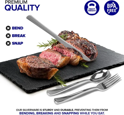 Miniatura 3 de Juego de cubiertos de plástico resistente (plateado) de 75 piezas, juego de cubiertos desechables, ideal para fiestas, bodas y catering, cubiertos