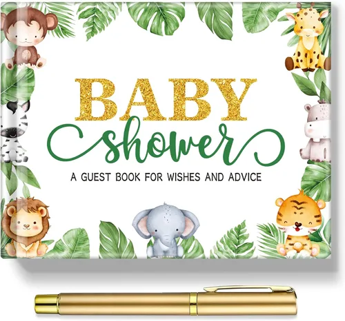 Miniatura 8 de Fuyoooo 27 piezas de libro de invitados para baby shower de safari en la jungla con tarjeta de lugar floral y sello de inicio de sesión para baby