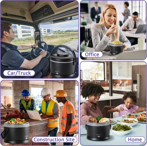 Miniatura 7 de Lonchera eléctrica para adultos de 40 oz, calentador de alimentos portátil 12V/24V/110V/220V, lonchera con calefacción para trabajo, oficina, Negro