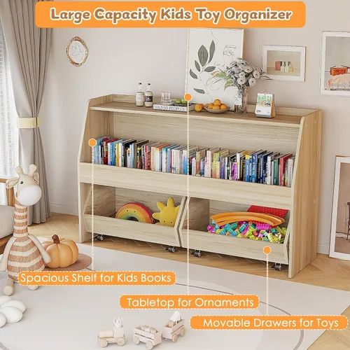 Miniatura 3 de COZPAW Organizador de almacenamiento de juguetes, estante Montessori de 2 niveles con contenedores móviles (madera)