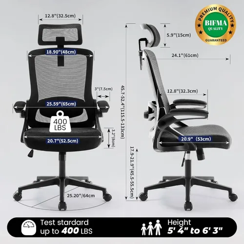 Miniatura 2 de Fizzin Silla de Oficina Ergonómica, Sillas de Computadora de 400 LBS con Soporte Lumbar Ajustable, Silla de Escritorio de Malla Transpirable Negro