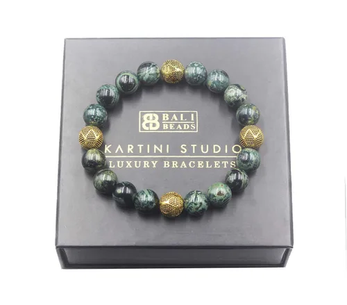 Miniatura 4 de Dark Green Jade and Gold Beads Bracelet, Jade Bracelet, Men's Jade Bracelet
