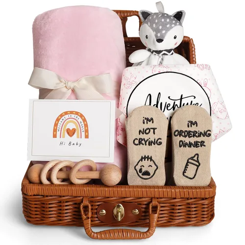 Regalos para baby shower, cesta de regalos para niña, juego de cosas esenciales para regalo único para bebé, manta adorable para bebé, calcetines de