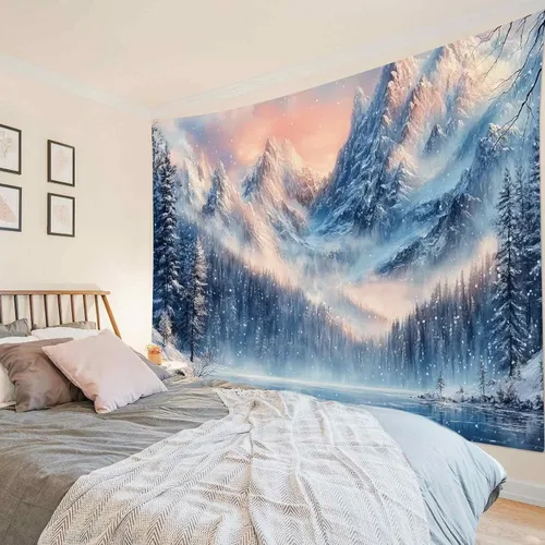 Miniatura 24 de LB Tapiz de Bosque de Nieve de Invierno, Pino Negro y Verde con Copo de Nieve Blanco Tapiz de Pared para Dormitorio, Arte de Pared de Paisaje
