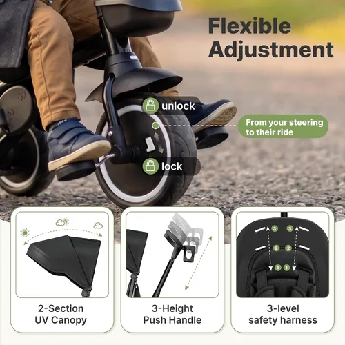 Miniatura 3 de Triciclo 8 en 1 para niños, cochecito de triciclo plegable con asiento reversible, varilla de empuje ajustable y toldo, bicicleta triciclo