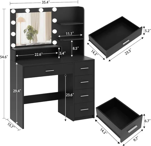 Miniatura 6 de Quimoo Escritorio de tocador de maquillaje con espejo y luces, escritorio de tocador con 5 cajones y estantes de almacenamiento, mesa de tocador, 3