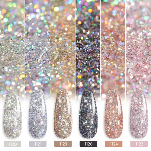 Miniatura 4 de GAOY Juego de Esmalte de Uñas con Purpurina Cromado Platino, 6 Colores Incluyendo Esmalte en Gel Brillante Resplandeciente UV LED Removible Negro