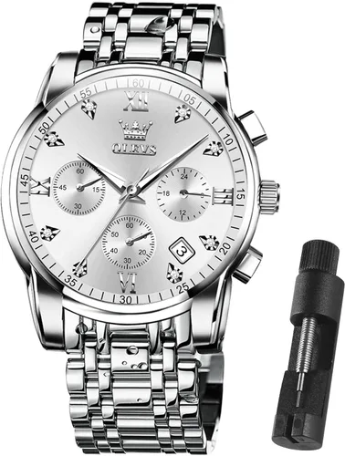 Miniatura 9 de OLEVS Relojes para hombre impermeables de acero inoxidable con pulsera ajustable, reloj analógico de cuarzo para hombre, moda de negocios, clásico