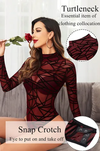 Miniatura 2 de Avidlove Body de manga larga para mujer, cuello alto, malla transparente, leotardos con estampado geográfico