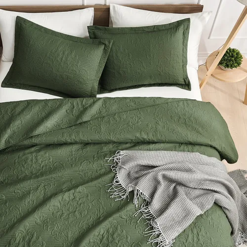 Miniatura 8 de Hansleep - Juego de edredón de tamaño King en verde oliva - Colcha de damasco ultrasónica para todas las estaciones, juego de ropa de cama suave