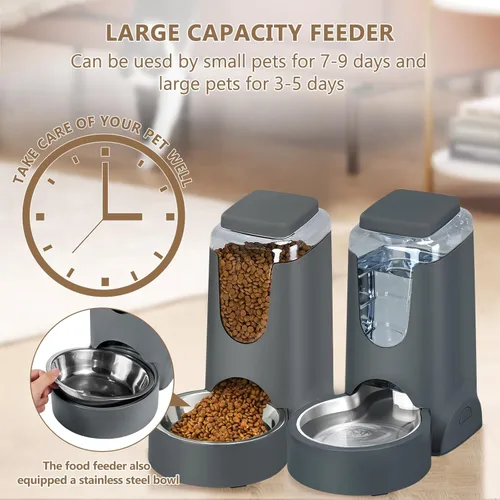 Miniatura 5 de Comedero y dispensador de agua automático para gatos con cuenco de acero inoxidable, comedero por gravedad para perros y bebedero para mascotas Gris