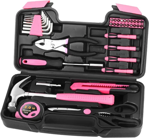Miniatura 8 de Kit de herramientas para el hogar de 39 piezas multiusos color rosa para mujeres, juego de herramientas pequeño con caja de herramientas, ideal