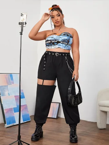Miniatura 5 de WDIRARA Pantalones cónicos para mujer, talla grande, detalle de cadena, con ojales, con cinturón