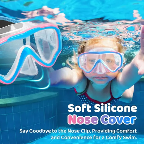 Miniatura 3 de Vvinca Gafas de natación para niños con cubierta para la nariz, antivaho, a prueba de fugas, máscara de natación de visión amplia con correa de tela