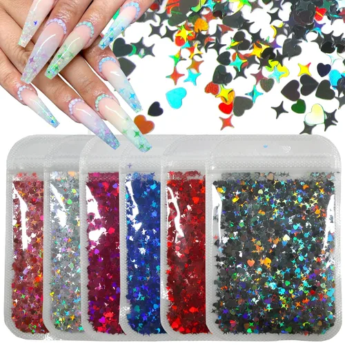 Miniatura 7 de LoveOurHome 6 colores de estrellas y lunas con purpurina gruesa, escamas de resina epoxi, accesorios holográficos, estrellas negras y azules