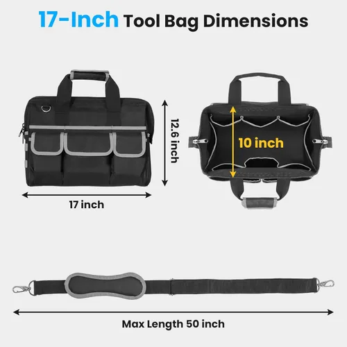 Miniatura 3 de Bolsa de herramientas resistente, bolsas de herramientas de 17 pulgadas para hombres con múltiples bolsillos, bolsa organizadora de herramientas
