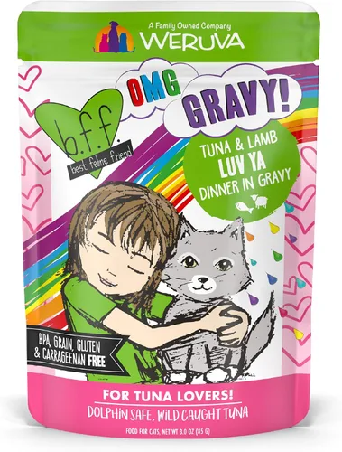 Weruva B.F.F. OMG - ¡Mejor Amigo Felino, Oh Mi Salsa!, comida para gatos con atún y cordero Luv Ya con atún y cordero en salsa, bolsita de 3 onzas