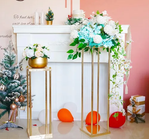 Miniatura 2 de 2 piezas de centro de mesa de boda jarrones dorados para mesas, soporte geométrico de flores de metal, 31.5 pulgadas de alto, florero de piso alto