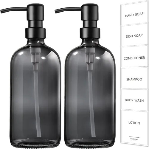 Miniatura 10 de Dispensador de jabón de vidrio ámbar GMISUN, juego de 2 dispensadores de jabón de mano para baño con bomba de acero inoxidable, juego de dispensador