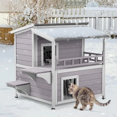 Miniatura 8 de Casa climatizada para gatos al aire libre, refugio aislado resistente a la intemperie de 2 pisos para invierno, almohadilla lavable desmontable