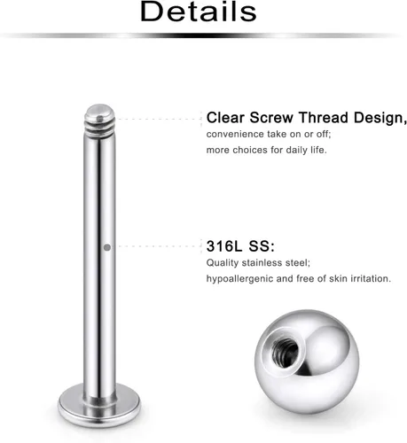 Miniatura 2 de Labret Barbell 24 piezas Monroe - Piercing para labio, hélice, tragus, cartílago, piercing de acero quirúrgico para mujeres y hombres, 20-12G