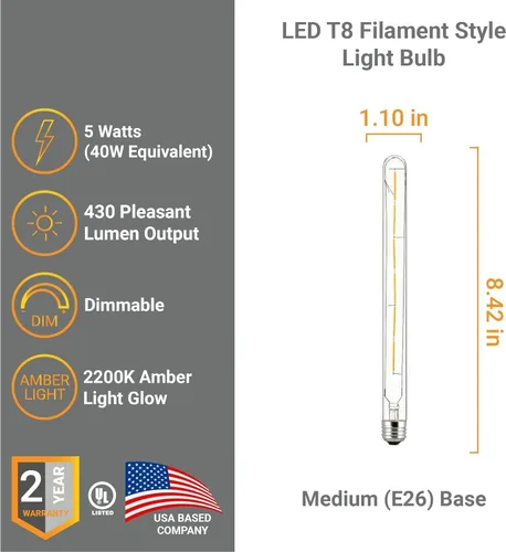 Miniatura 2 de Paquete de 5 bombillas de tubo T8/LED/FS/5W/E26/22K T8, estilo Edison regulable, bombilla de repuesto de filamento LED, luz ámbar de 2200 K, 5 W