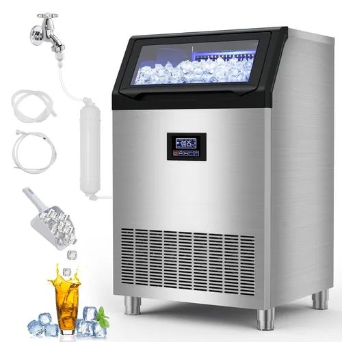 Máquina comercial para hacer hielo de 350 libras/24 horas, 136 bandejas de hielo independiente y debajo del mostrador, máquina de hielo de acero