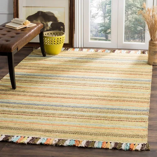 Miniatura 10 de SAFAVIEH Montauk Collection - Alfombra decorativa de 3 pies x 5 pies, color beige y multi, hecha a mano, estilo boho con rayas y flecos, de algodón