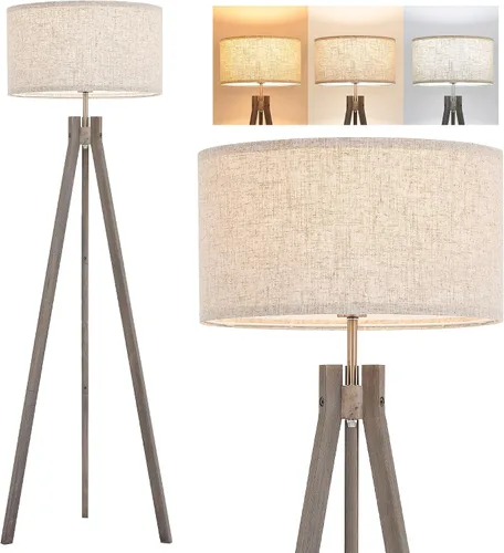 ELYONA Lámpara de pie de trípode de madera estilo granja, lámpara de pie moderna de lectura con bombilla LED de 3 temperaturas de color y pantalla