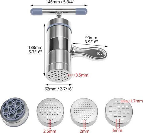 Miniatura 6 de QWORK Máquina de fideos de acero inoxidable, máquina manual de pasta con 5 moldes de fideos, máquina de fideos de prensa de pasta