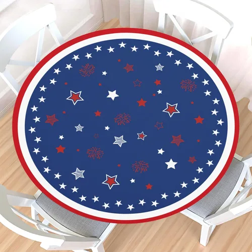 Miniatura 20 de Mantel redondo ajustable para el 4 de julio con borde elástico, impermeable, lavable, azul, rojo, blanco, estrella, patriótica, independencia, Día