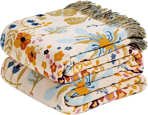 Miniatura 15 de Cobija para cama de estilo bohemio, 100 % algodón, ultra suave, edredón rústico, cobija de otoño, estampado floral, cobija grande rústica para sofá