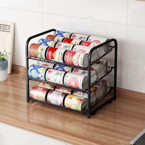 Miniatura 3 de Organizador de estantes para latas, dispensador apilable de 3 niveles para almacenamiento de latas, para almacenamiento de alimentos, cocina o Negro